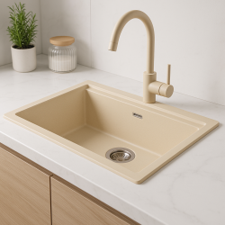 GraniteMy Univerzálny granitový béžový pieskový drez 55x40 cm na montáž pod dosku a do dosky s nerezovou zátkou 1208968012